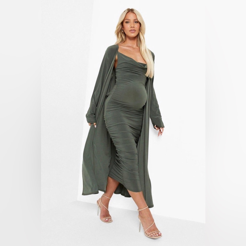 Boohoo Maternity Strappy Cowl Neck Dress and Duster Coat in Light Khaki